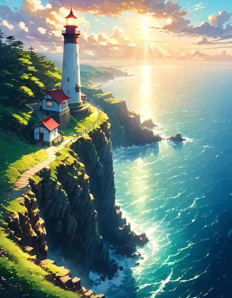 a painting of a lighthouse on a cliff overlooking the ocean, ross tran. scenic background, lighthouse, beautiful anime scenery, ...
