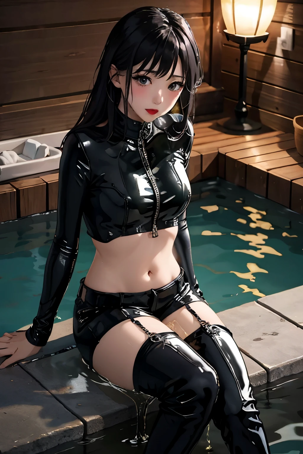 animé, Meilleure qualité, Haute qualité, haute résolution, belle femme, Détails élevés, bon éclairage, Lascivé, hentaï, (((short catsuit en cuir noir))), (((cuissardes en cuir))), Gants en cuir noir, cuisses nues, Bras nus, (((se mouiller))), (((se faire pipi))), (((faire pipi))), (pipi coulant le long des jambes), tache de pipi, (flaque), (cuisses épaisses), belles longues jambes, rouge à lèvres, Visage détaillé, joli visage, visage rougissant gêné, humilié, ((dans un bain onsen extérieur)), hihelz