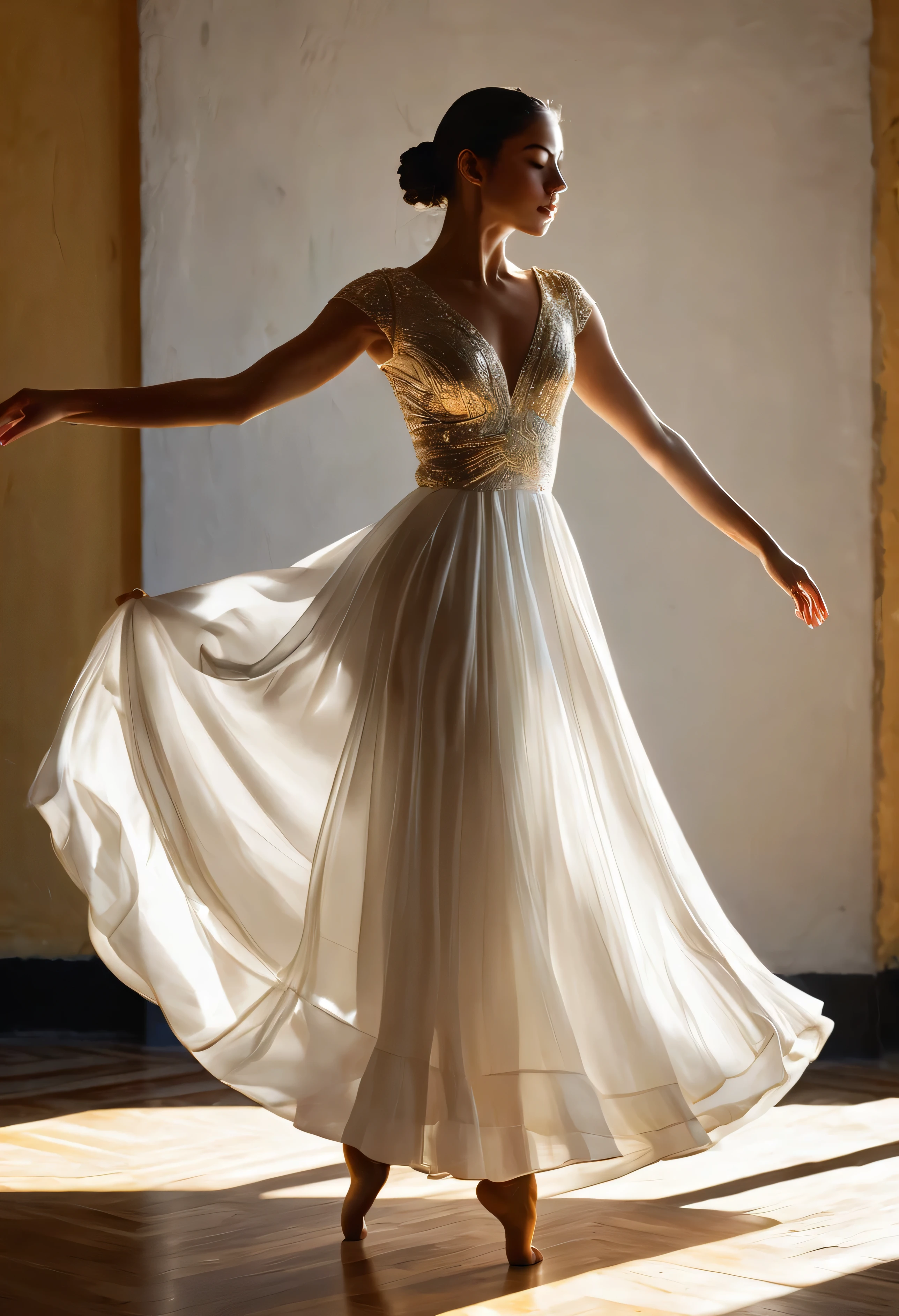 The image captures a moment of pure elegance and grace. O sujeito, uma jovem mulher, is in the middle of a dance, your body positioned in a dynamic pose that suggests movement and energy. She is adorned in a white dress, its golden details adding a touch of sophistication. O vestido, with your flowing skirt, It&#39;s a testament to the fluidity of your dance.

His arms are raised, mirroring the upward movement of your dance, and his eyes are closed, indicating a moment of intense concentration or perhaps a moment of pure joy. Sunlight coming in from the side casts a warm glow on her, highlighting your features and adding depth to the image.

O fundo contrasta fortemente com o assunto, com suas cores escuras e suaves, allowing the viewer&#39;s attention to remain focused on the woman and her dance. The overall composition of the image, with its careful balance of light and shadow, cor e contraste, creates a visually stunning scene that captures the essence of grace and beauty in motion.