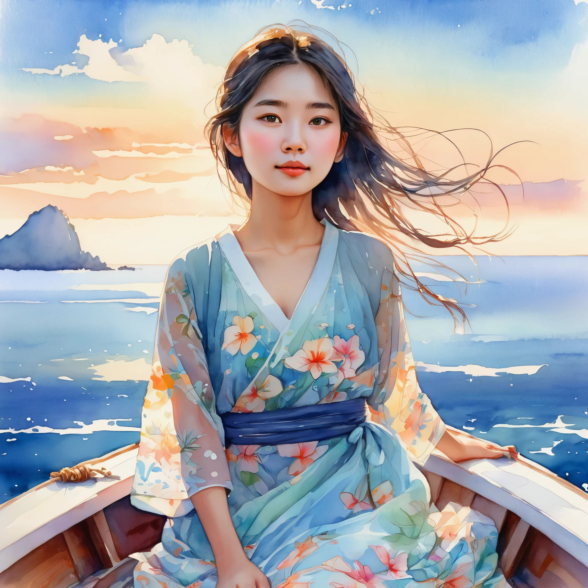 (young girl,tiny boat,asian,horizon,ocean view),illustration,watercolor painting,vibrant colors,soft lighting,beautiful detailed eyes,floating dress,peaceful atmosphere,serene expression.