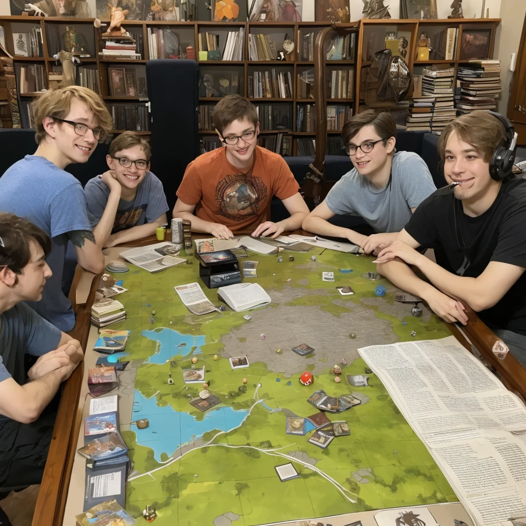 6 nerds, teenage boys(disheveled, loose clothes a little dingey, some acne), sit around a table that has a DM screen, battle map, miniatures, dice, books, and everyone has a character sheet