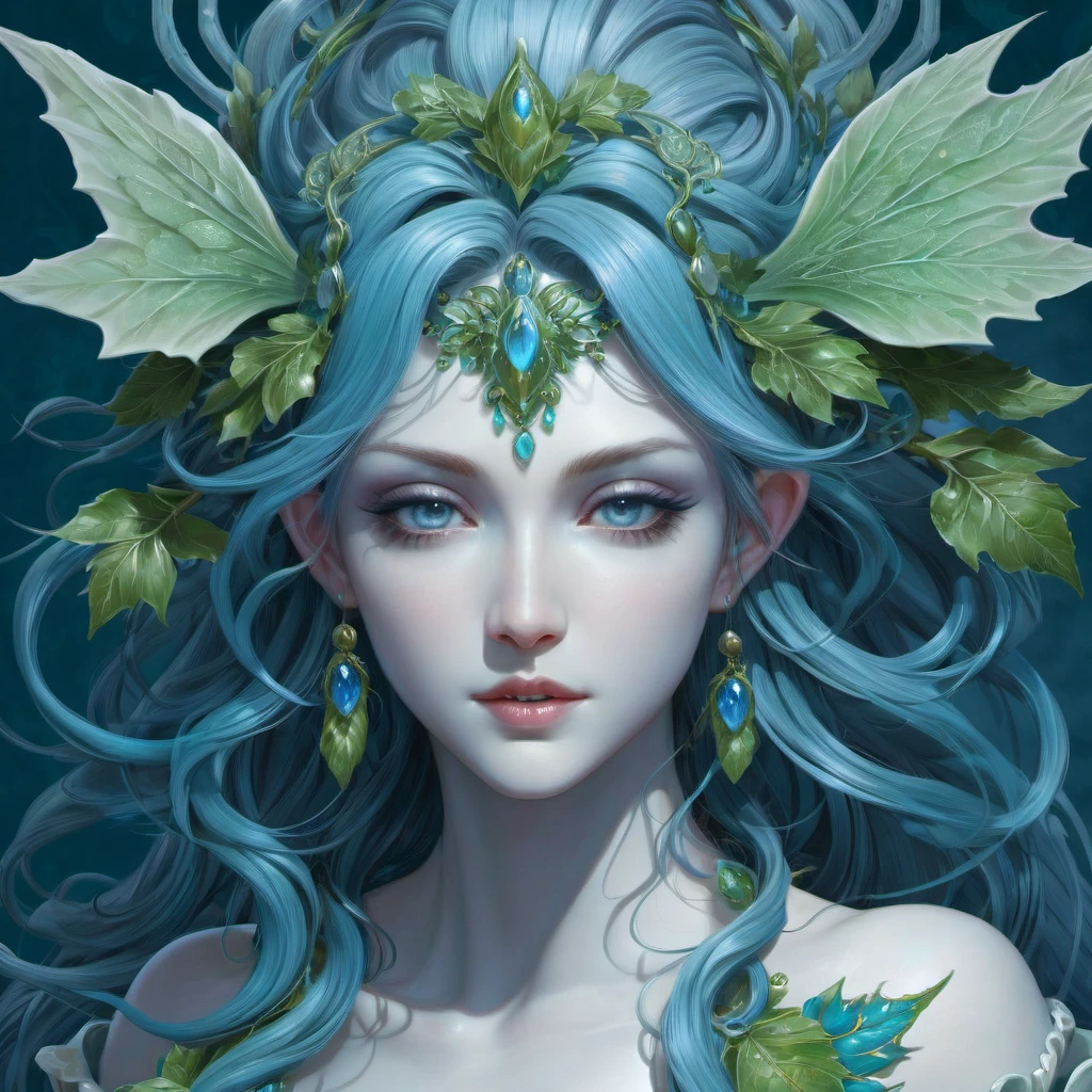 Dungeons & Dragons, aesthetic, dungeons and dragons, character portrait of a friendly dryad mister in a modest and ornate blue-grey outfit, medium shot, intricate, elegant, highly detailed. trending on artstation, digital art, by Stanley Artgerm Lau, WLOP, Rossdraws, James Jean, Andrei Riabovitchev, Marc Simonetti, Yoshitaka Amano. background by James Jean and Gustav Klim