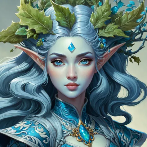 dungeons & dragons, aesthetic, dungeons and dragons, character portrait of a friendly dryad mister in a modest and ornate blue-g...