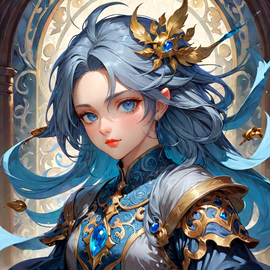 Dungeons & Dragons, aesthetic, dungeons and dragons, character portrait of a friendly dryad mister in a modest and ornate blue-grey outfit, medium shot, intricate, elegant, highly detailed. trending on artstation, digital art, by Stanley Artgerm Lau, WLOP, Rossdraws, James Jean, Andrei Riabovitchev, Marc Simonetti, Yoshitaka Amano. background by James Jean and Gustav Klim