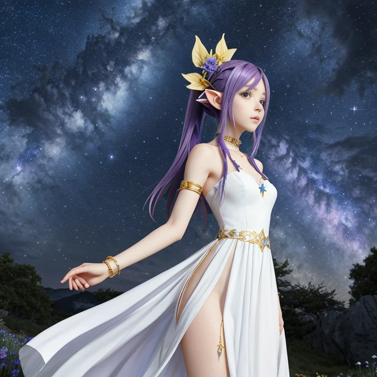 Purple-haired female anime character with elf ears and a blue flower in her hair, wearing a flowing white dress with gold accents bracelets, and a chocker, posing against a starry night sky background, a galaxy