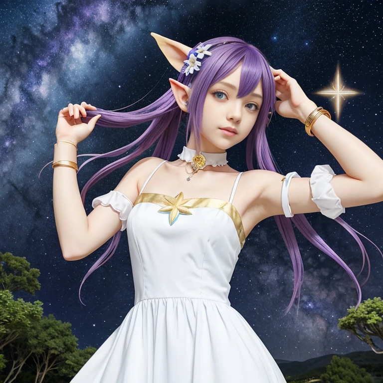 Purple-haired female anime character with elf ears and a blue flower in her hair, wearing a flowing white dress with gold accents bracelets, and a chocker, posing against a starry night sky background, a galaxy