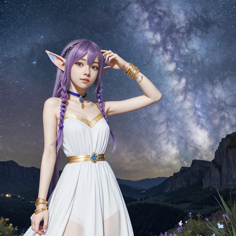 Purple-haired female anime character with elf ears and a blue flower in her hair, wearing a flowing white dress with gold accents bracelets, and a chocker, posing against a starry night sky background, a galaxy