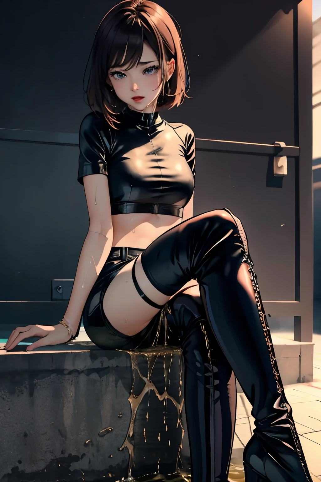 anime, best quality, high quality, highres, beautiful women, high detail, good lighting, lewd, hentai, (no nudity), ((((bike shorts)))), ((tight leather top)), ((((leather thigh high boots)))), bare midriff, (wet shorts), (((wetting herself))), (((peeing herself))), (((peeing self))), (pee streaming down legs), peeing stain, (puddle), (thick thighs), nice long legs, lipstick, detailed face, pretty face, pretty hands, embarrassed blushing face, humiliated, ((sitting legs crossed)), hihelz