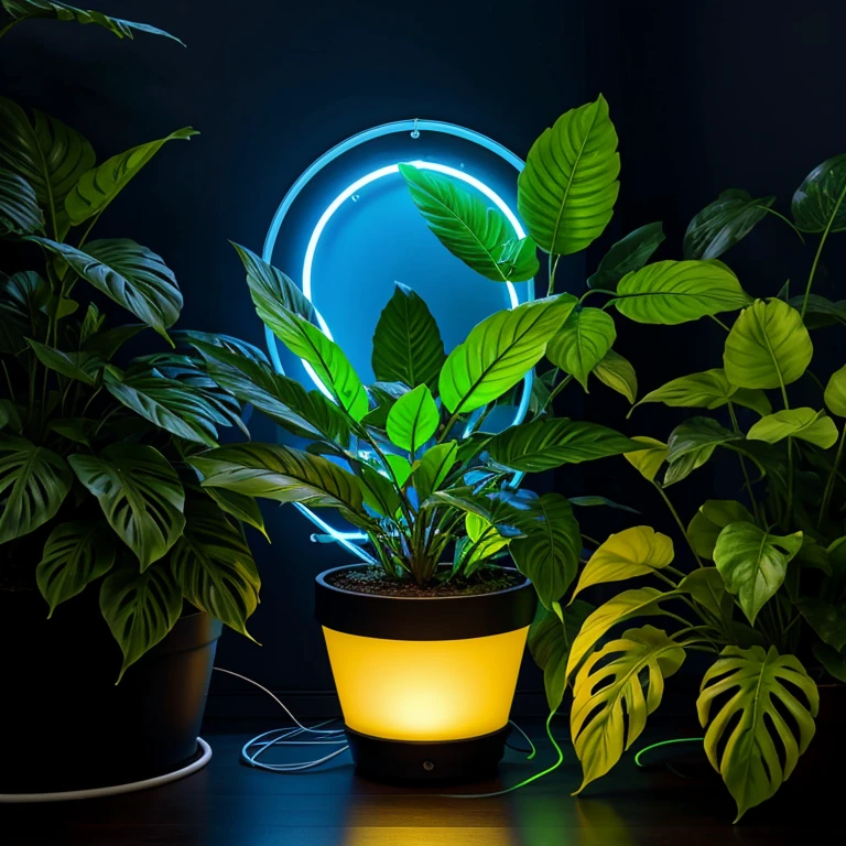 Potted plant with large green leaves and glowing neon light effects emanating from the foliage, placed on a surface with a glowing blue circular light underneath, and an electrical cord extending to the left side, surrouned by a misty haze
