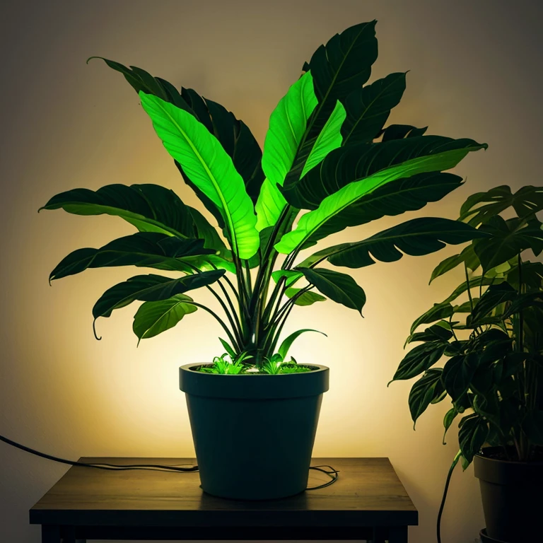 Potted plant with large green leaves and glowing neon light effects emanating from the foliage, placed on a surface with a glowing blue circular light underneath, and an electrical cord extending to the left side, surrouned by a misty haze