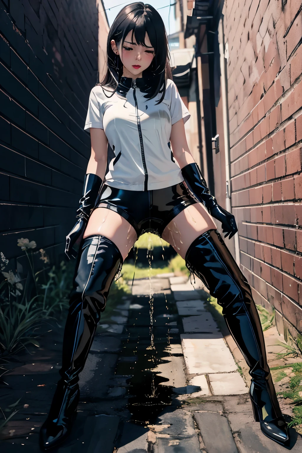 Araffe in latex posing on a brick wall in a alley - SeaArt AI