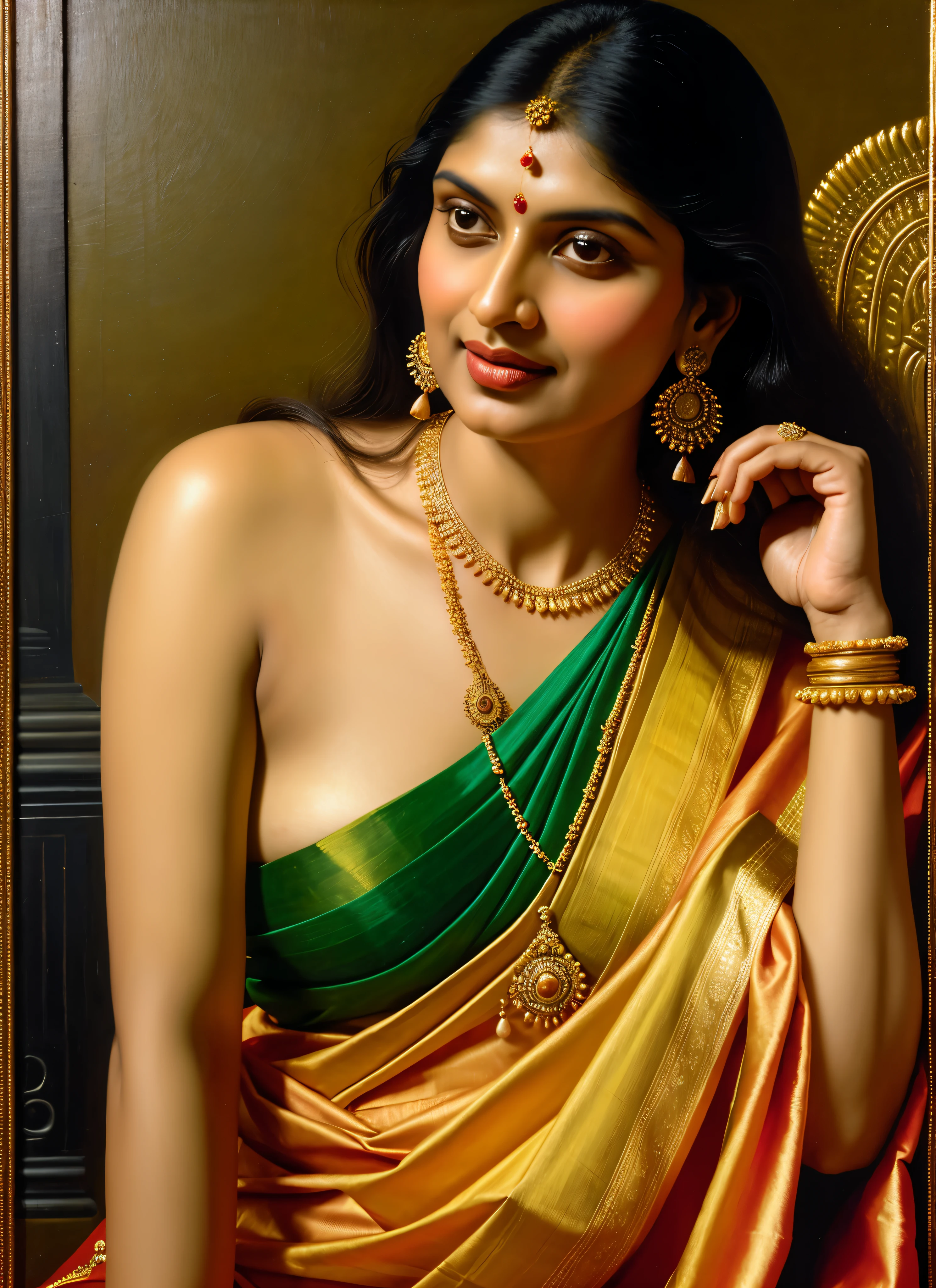 pintura de uma mulher em um sári com colar e brincos, inspired Direção: Raja Ravi Varma, Szukalski Ravi Varma, retrato de uma linda deusa, Direção: Raja Ravi Varma, Deusa indiana, beleza tradicional, a stunning retrato de uma deusa, inspirado em T. k. Padmini, arte indiana, Deusa indiana of wealth, retrato de uma deusa