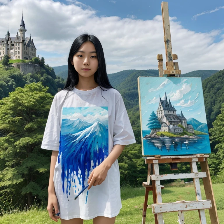 young adult Asian female arstist with long black hair tied up, wearing a withe shirt with blue splatters, holding a paintbrush, standing in front of an easel with a painting, with a scenic backdrop of a castle on a hill, forests, and blue sky with clouds