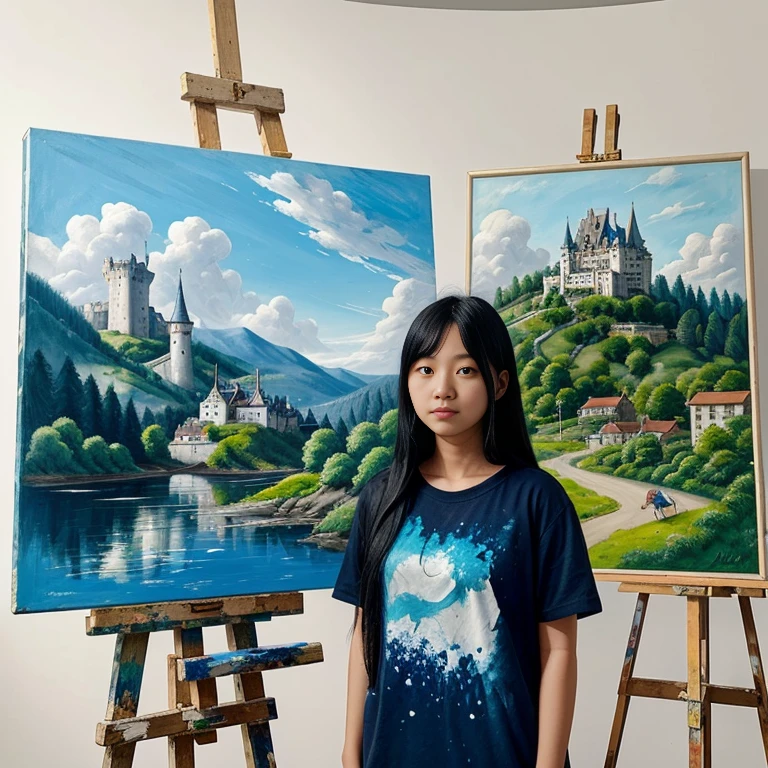 young adult Asian female arstist with long black hair tied up, wearing a withe shirt with blue splatters, holding a paintbrush, standing in front of an easel with a painting, with a scenic backdrop of a castle on a hill, forests, and blue sky with clouds