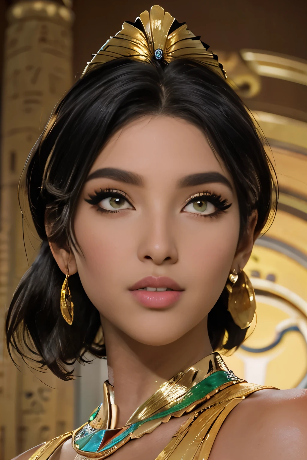 hyper realistic portrait shot of a beautiful egyptian queen, looking down proudly on the camera with her (expressive yellow eyes), tanned skin tone , thin nose, thick kissable parted lips , (black blunt bob hair with braided bangs), golden accessories and jewelries , (thick eyeliner), (eye makeup),