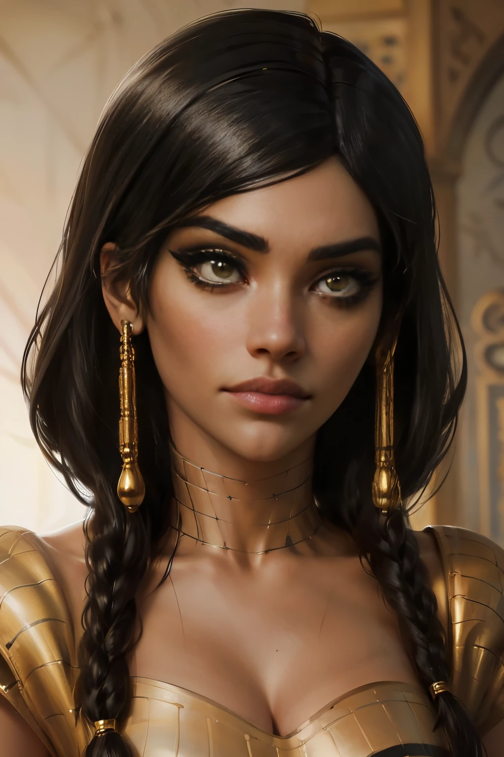 hyper realistic portrait shot of a beautiful egyptian queen, looking down proudly on the camera with her (expressive yellow eyes), tanned skin tone , thin nose, thick kissable parted lips , (black blunt bob hair with braided bangs), golden accessories and jewelries , (thick eyeliner), (eye makeup),