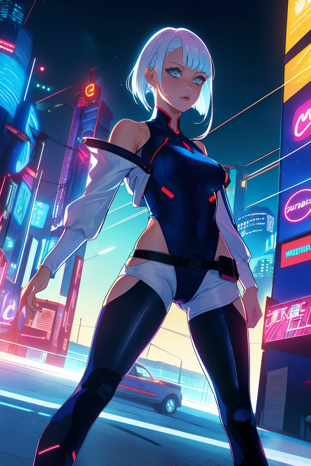 Cyberpunk Edgerunners, 1fille, Lucie \(cyberpunk\), Épaules nues, yeux bleus, seins, collant, regarder le spectateur, medium seins, veste à épaules dénudées, hors épaule, eye-liner rouge, Cheveux courts, sleeveless turtleneck collant, seulement, turtleneck collant, cheveux blancs, ((chef-d&#39;œuvre))