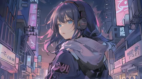 masterpiece,anime-style illustration showing a young woman in her 20s wearing a black hoodie, facing right, stand in the middle ...