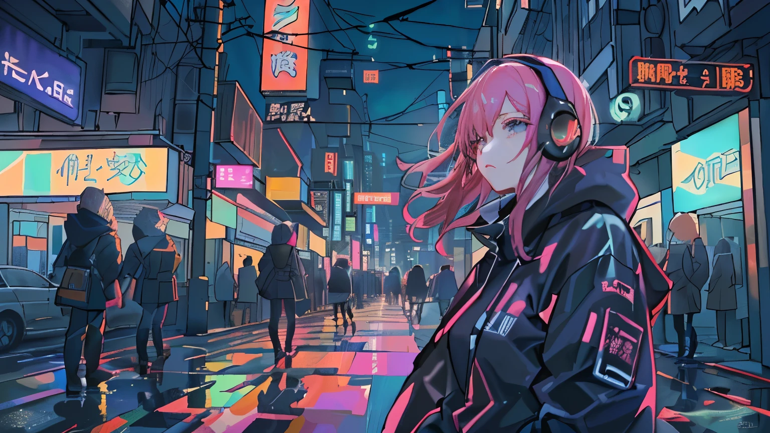 masterpiece,Anime-style illustration showing a young woman in her 20s wearing a black hoodie, facing right, Stand in the middle of the street in a cyberpunk nightlife district. sheはピンクがかった黒髪の長い髪を持っています、Wearing pink glowing headphones. big breasts、she&#39;You are still looking up at the starry sky, but、sheの視線と体はフレームの右側を向いています. The scene should be lively., Reflects a cyberpunk aesthetic, ネオンと未来的な建物がsheを取り囲んでいます. The hustle and bustle of the city continues, but、sheは&#39;Peace amidst chaos, Immerse yourself in the sights and sounds of the night. In the image、Must capture the calm sky above and the vibrant urban environment。, sheの新しい方向性を強調する.
