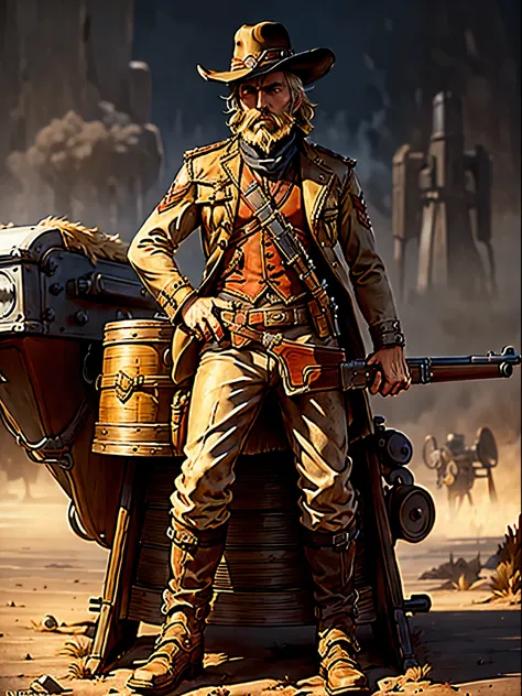 1man, male focus, western outlaw, sitting on a rocket sled, blonde hair, medium hair, grey eyes, scruff beard, (holding a weapon...