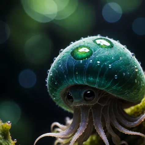  a green mushroom with water droplets on it, macro photography 8k, award winning macro photography, cute forest creature, an ali...