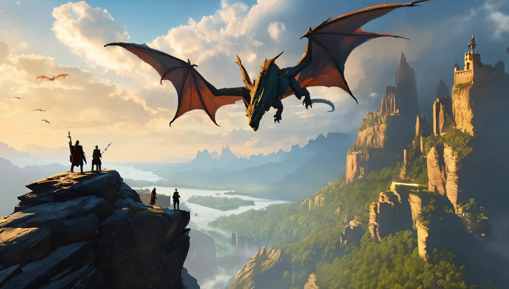 a group of people standing on a cliff with dragon flying above, concept art by Raphael Lacoste, trending on Artstation, fantasy art, dragon age, dragon age inquisition, elder scrolls art, medieval fantasy game art, epic elder scrolls art, dragons, dragons flying in the sky, elderscrolls, dragons flying around, hyperrealistic d & d fantasy art