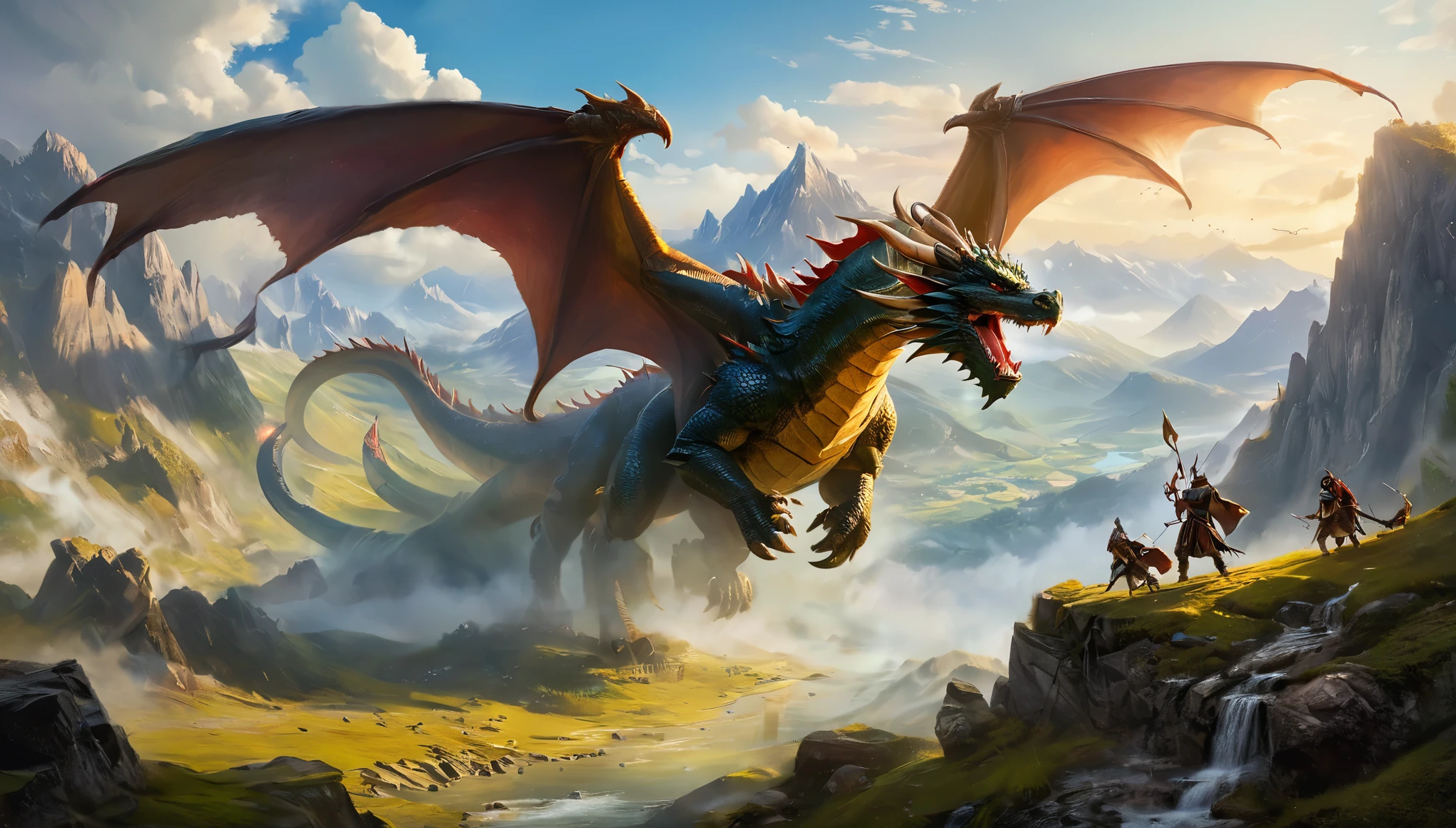 a group of people standing on a cliff with dragon flying above, concept art by Raphael Lacoste, trending on Artstation, fantasy art, dragon age, dragon age inquisition, elder scrolls art, medieval fantasy game art, epic elder scrolls art, dragons, dragons flying in the sky, elderscrolls, dragons flying around, hyperrealistic d & d fantasy art