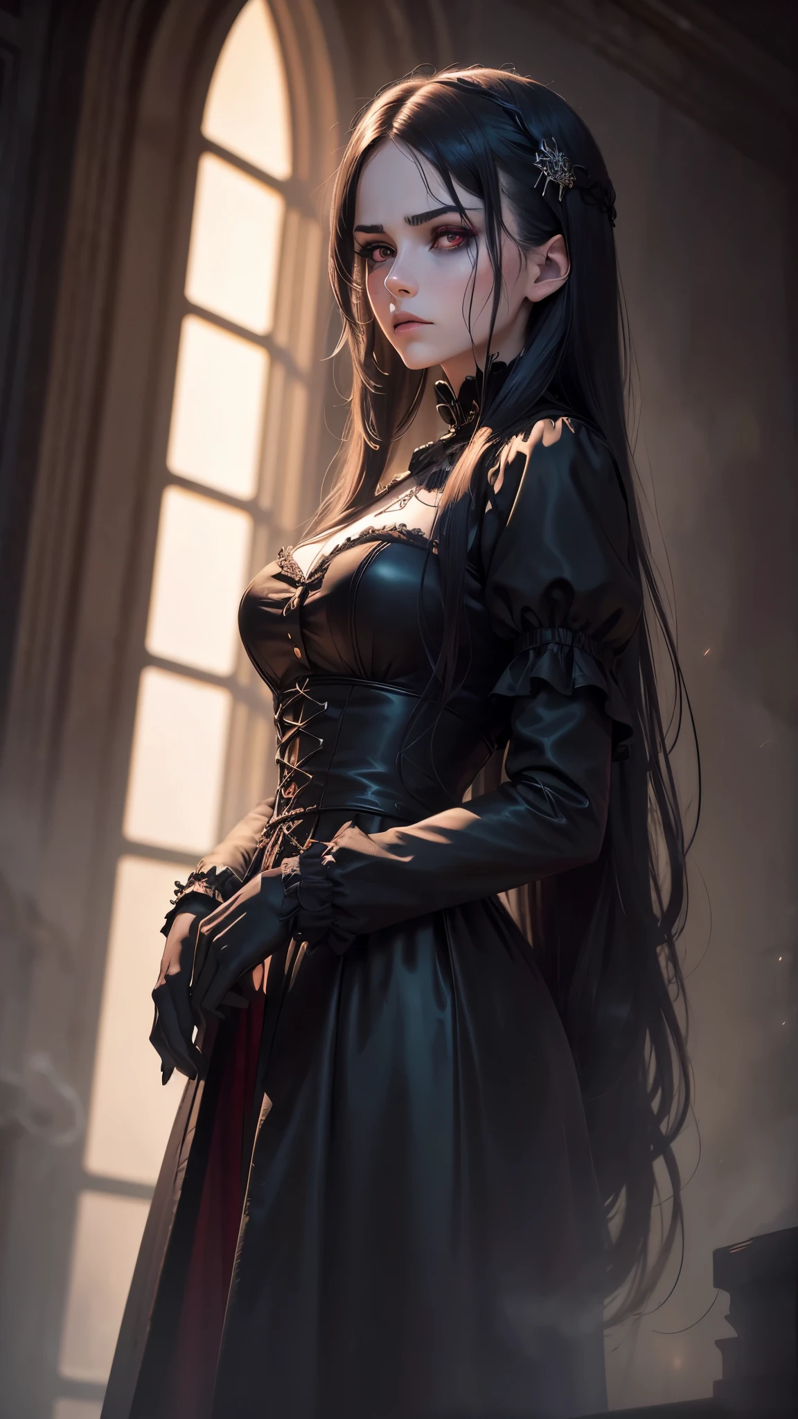 (beste Qualität,4k,8k,highres,Meisterwerk:1.2),ultra-detailliert,(Realistisch,photoRealistisch,photo-Realistisch:1.37),Gothic Anime Mädchen,90er Anime,gotisch,1 Frau,Dunkle Kirche,rote Augen,dunkle Umgebung,Geringe Sättigung,Anime-Stil,blasse Haut,langes wallendes Haar,gotisch clothing,Silhouette,Surrealer Hintergrund,mysteriöse Atmosphäre,intensive Emotionen,Melancholischer Ausdruck,Schwaches Kerzenlicht,Linsenreflexion,dramatische Schatten,symbolische Elemente,Schweres Make-Up,Blasse und dunkle Farben,neblig Nebel,ätherische Schönheit,Dezente Textur
