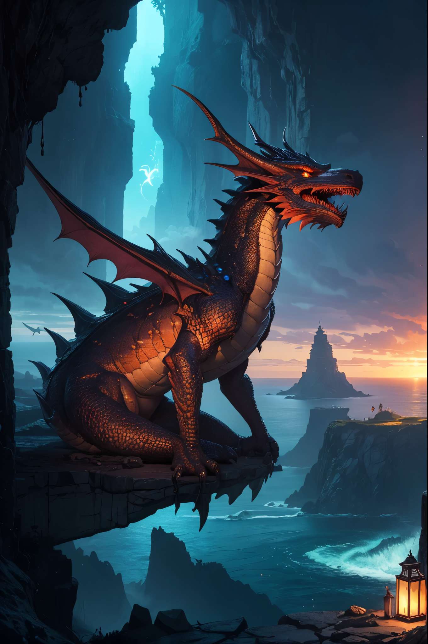 Best quality masterpiece,dungeon,a dragon,beautiful and natural fantasy landscape with bright lights,perfect proportions,perfect anatomy,sea,gorgeous color grading