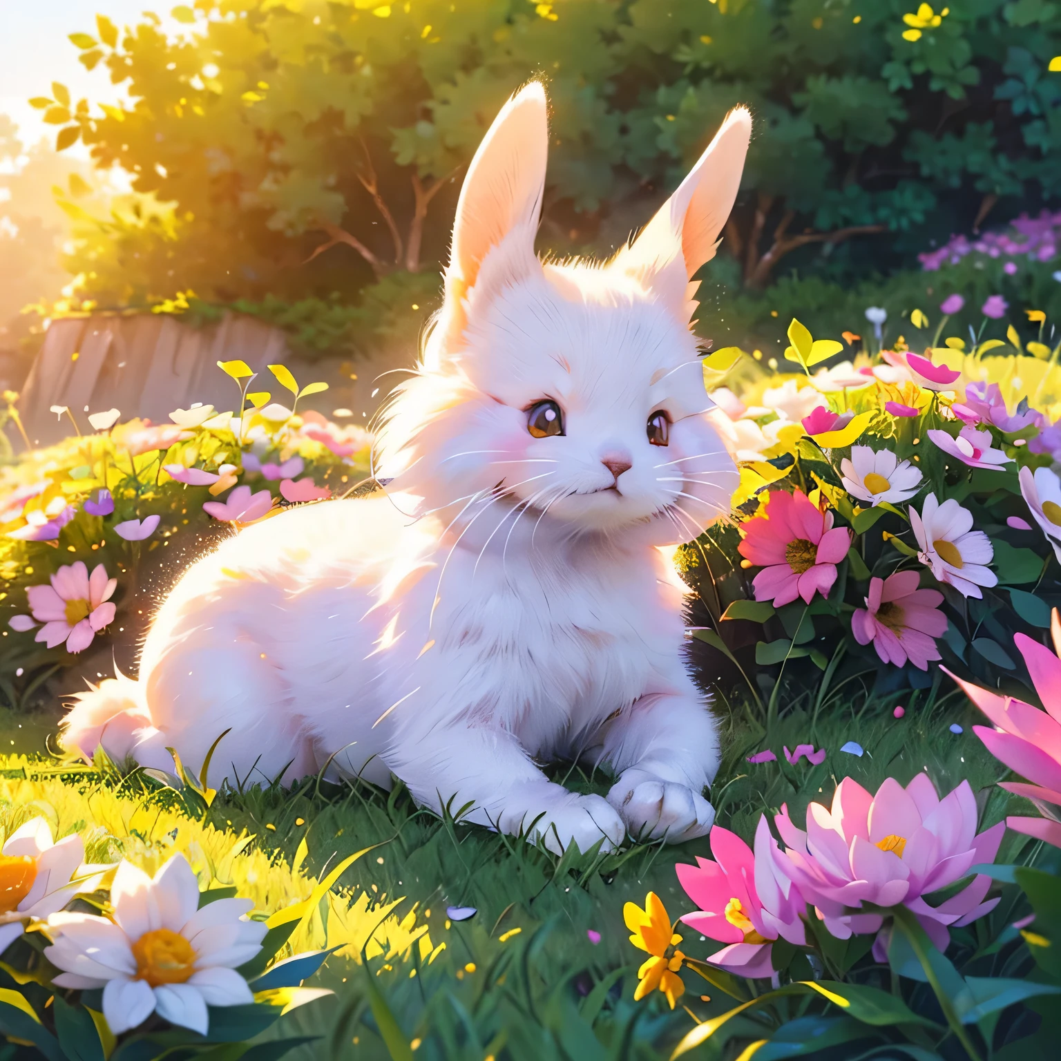 (a cute white rabbit:1.1),(soft furry texture),(bright round eyes),(long ears),(pink nose),(whiskers),(playful expression),(sitting on green grass),(colorful flowers around),(warm sunlight),(vibrant colors),(crisp details),(digital illustration)