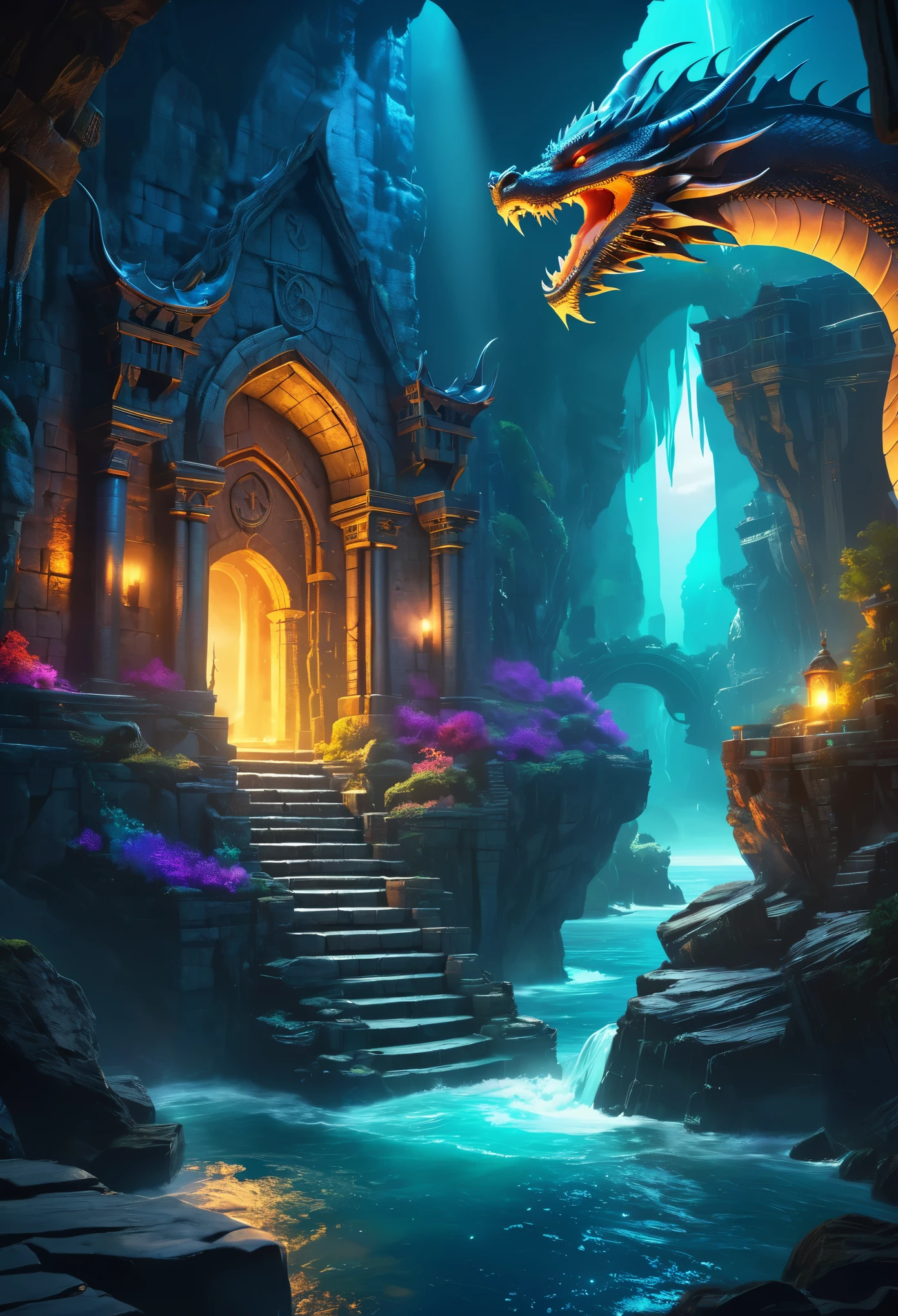 Best quality masterpiece,dungeon,a dragon,beautiful and natural fantasy landscape with bright lights,perfect proportions,perfect anatomy,sea,gorgeous color grading