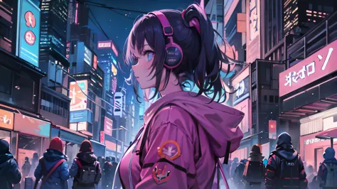 masterpiece,anime-style illustration showing a young woman in her 20s wearing a black hoodie, facing right, stand in the middle ...