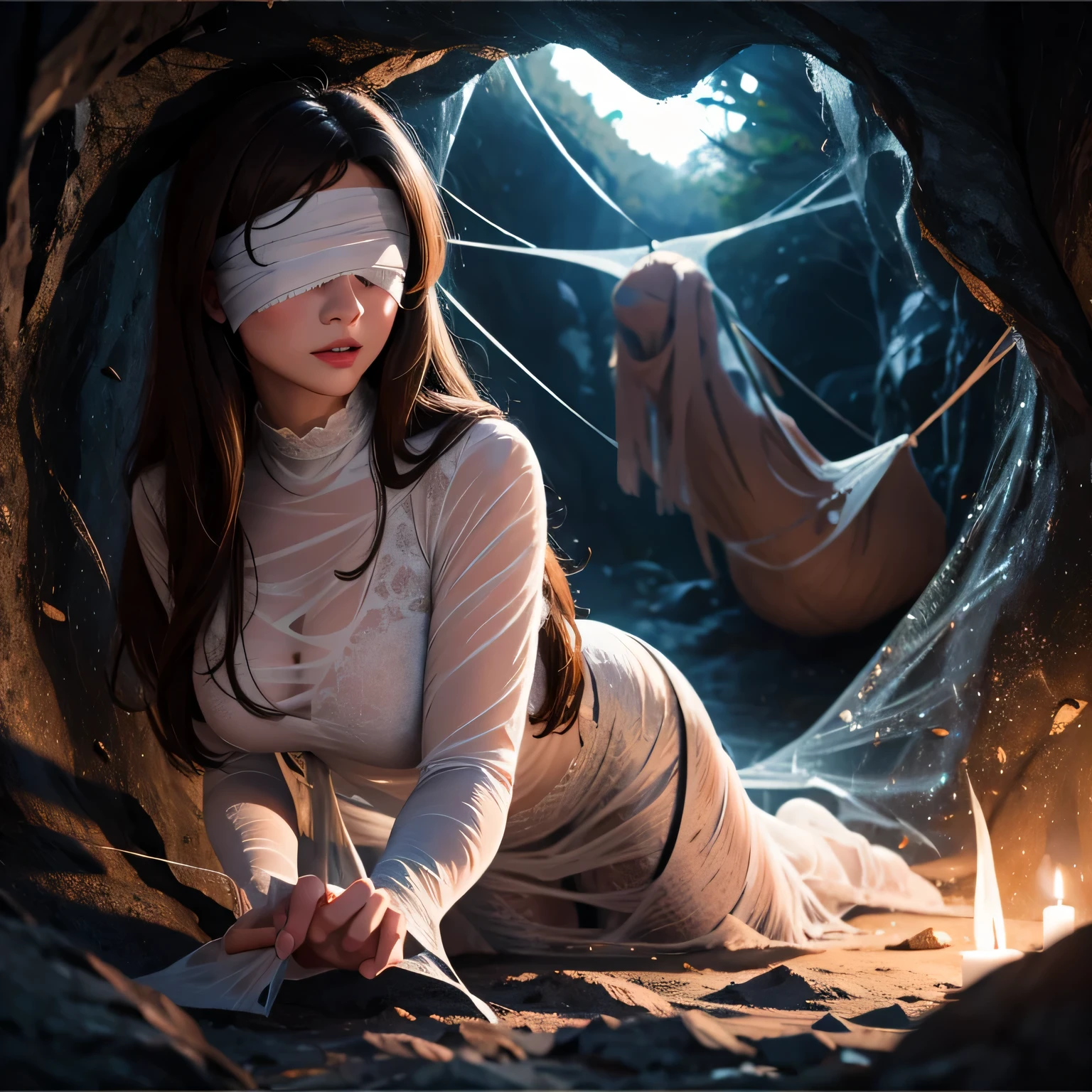 1girl,Spider weaves a net on a girl, very realistic, very detailed,bed,stretched, dark cave, struggle in the net,brown haired, very long sheer skirt,lying down,(blindfold:1.4)