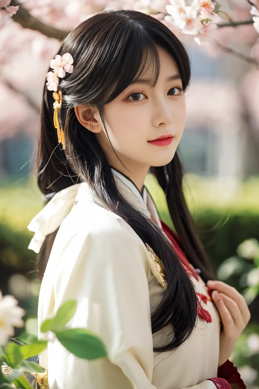 (photorealistic, highres) Beautiful Chinese cosplayer girl in an exquisite garden, wearing a stunning cosplay outfit and capturing the essence of Chinese fashion. The girl's intricate costume exhibits amazing attention to detail, with vibrant colors and intricate patterns. Her cosplay is inspired by traditional Chinese elements, such as elegant silk fabrics, delicate embroidery, and ornate hair accessories. The girl's face is adorned with flawless makeup, enhancing her natural beauty. Her eyes are mesmerizing and expressive, accentuated by long, fluttering eyelashes. She gracefully poses amidst the picturesque garden, surrounded by blooming cherry blossoms and lush greenery. Soft sunlight filters through the branches, casting a warm glow on the scene. The image radiates a sense of elegance, capturing the spirit of both modern cosplay and traditional Chinese aesthetics.