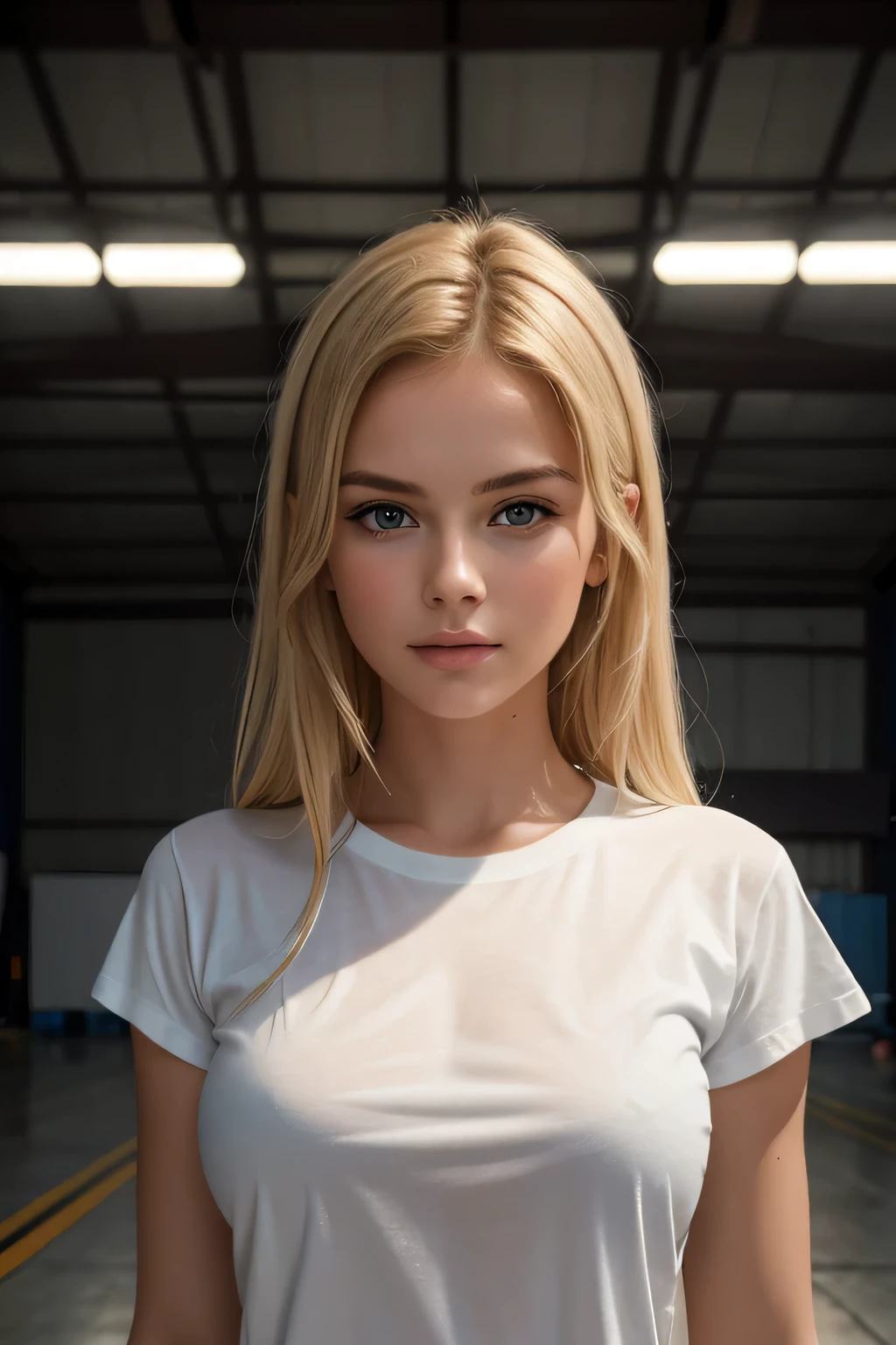 masterpiece, real photo, perfektes face, realistic, masterpiece, foto, studio, blone woman, blonde, young, white t-shirt, posing front of camera, in a hangar, dark light, smooth lighting, t-shirt, normal t-shirt, facing to camera, frontal to camera, matte material, matte fabric