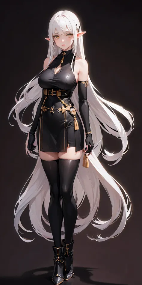 ((BLACK BACKGROUND1:2)) masterpiece, best quality, high quality, 1solo white SKIN elf, long hair, white hair, yellow eyes, full ...