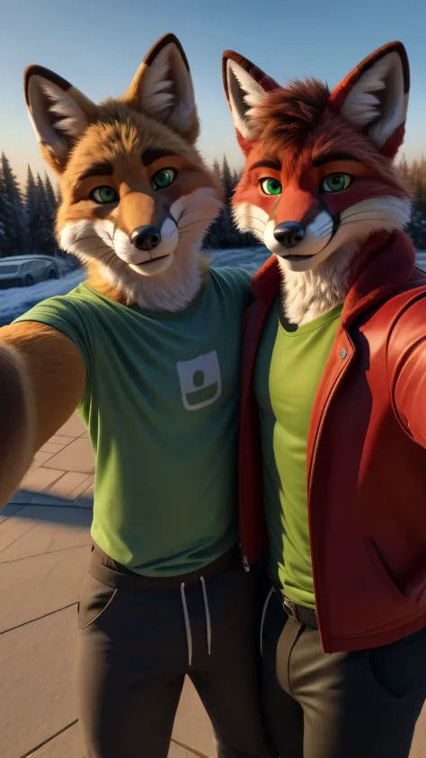 A 22 year old American muscular adult male Fox fursuit alone outdoors taking a selfie holding his smartphone and smiling at the camera green eyes and red fur wearing a red jacket a green t-shirt and long pants together with his best friend (duo:1.1)