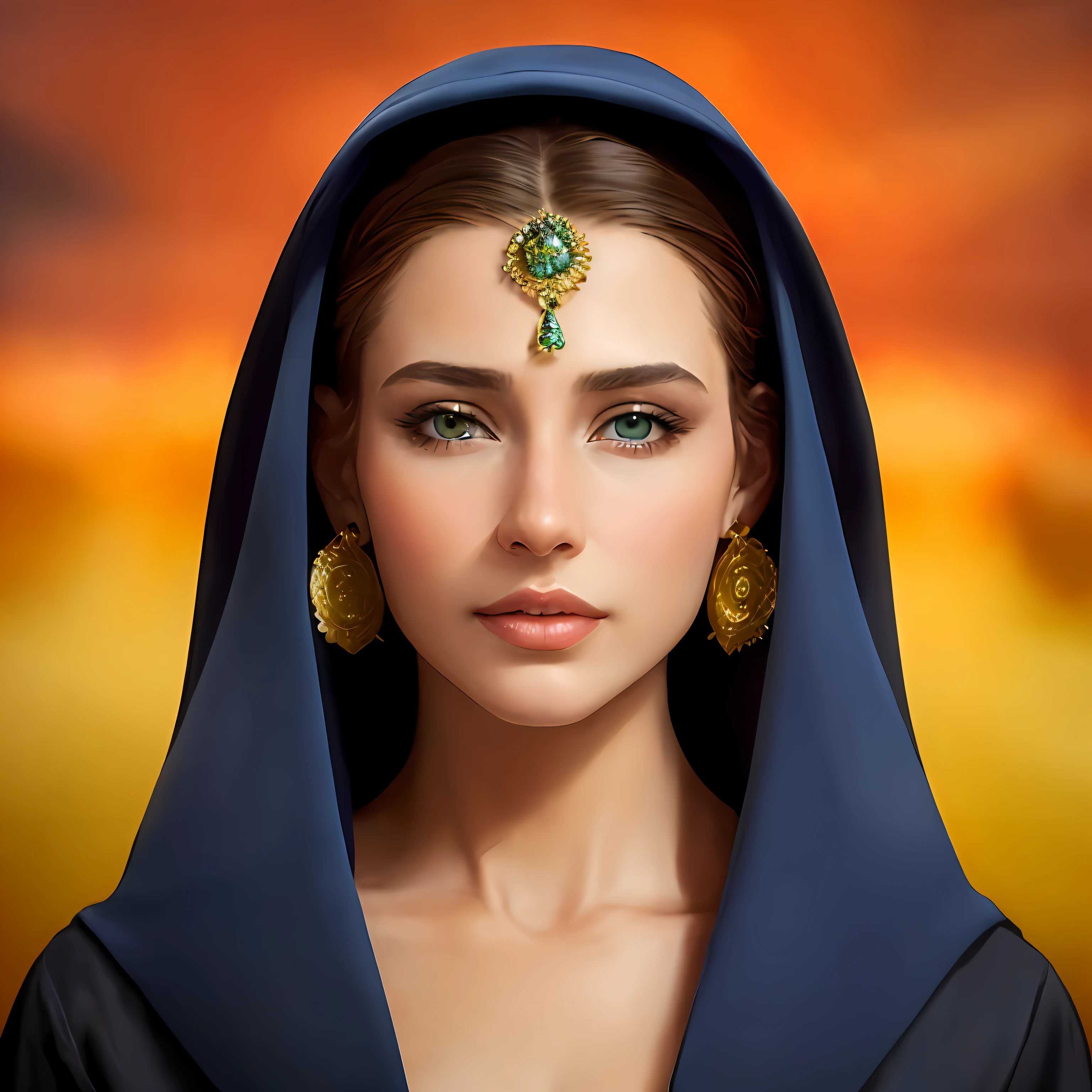 arafed woman in a blue veil with a gold and green broocher, detailed face of an arabic woman, Retrato de primer plano de la diosa, Un impresionante retrato de una diosa, 3 D Retrato de la Diosa, arabian beauty, Retrato de una hermosa diosa, arabian princess, beautiful arab woman, Piel de Oriente Medio, high quality fantasy stock photo, Toma de retrato, Mujer de belleza con caras detalladas