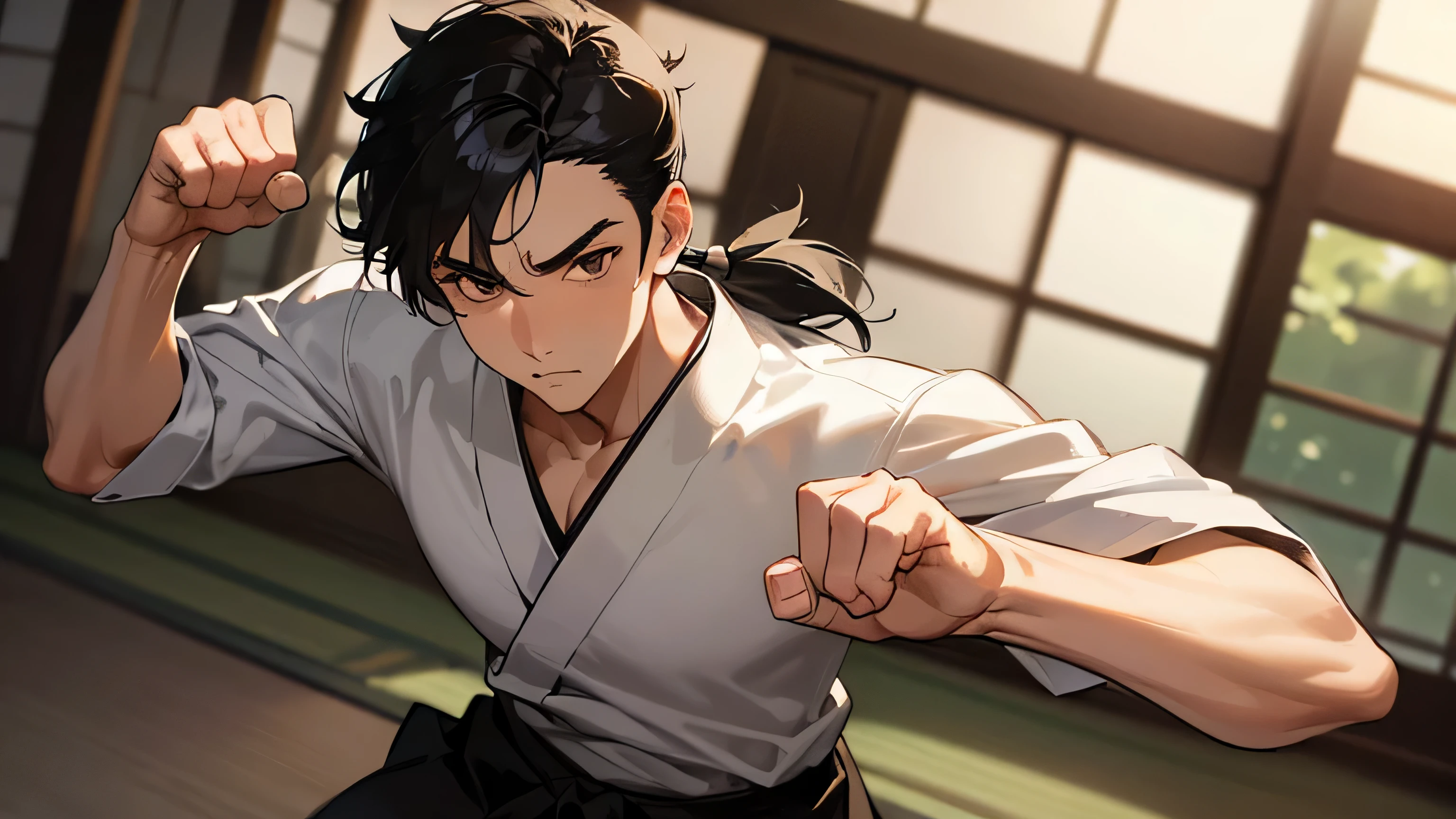 1 men, short ponytail hair style, short hair, Black hair, Brown eyes, Dojo clothes , 8k, masterpiece, looking at viewer, ultrasharp, men, Japanese, separate bang, No bang, Temple, cool, guy,5fingers, DOJO pose, Mens Body, Boyface, fist punch
