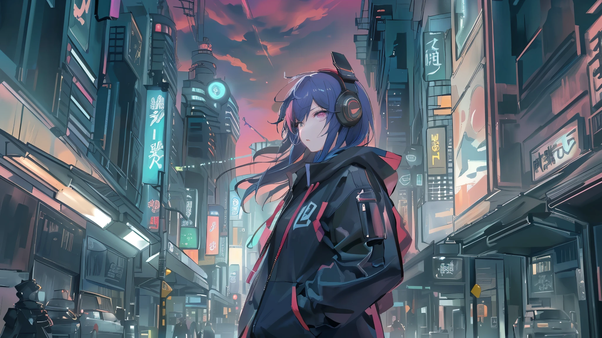 masterpiece,Anime-style illustration showing a young woman in her 20s wearing a black hoodie and hood, facing right, Stand in the middle of the street in a cyberpunk nightlife district. sheはピンクがかった黒髪の長い髪を持っています、Wearing pink glowing headphones. big breasts、she&#39;You are still looking up at the starry sky, but、sheの視線と体はフレームの右側を向いています. The scene should be lively., Reflects a cyberpunk aesthetic, ネオンと未来的な建物がsheを取り囲んでいます. The hustle and bustle of the city continues, but、sheは混乱の中でも平和です, Immerse yourself in the sights and sounds of the night. In the image、Must capture the calm sky above and the vibrant urban environment。, sheの新しい方向性を強調する.
