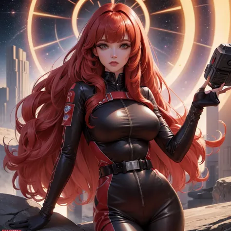 Best quality, 8K, woman space retro futurism, beautiful and detailed face, red curly long hair, bangs,big eyelashes,LOOKING TO o...
