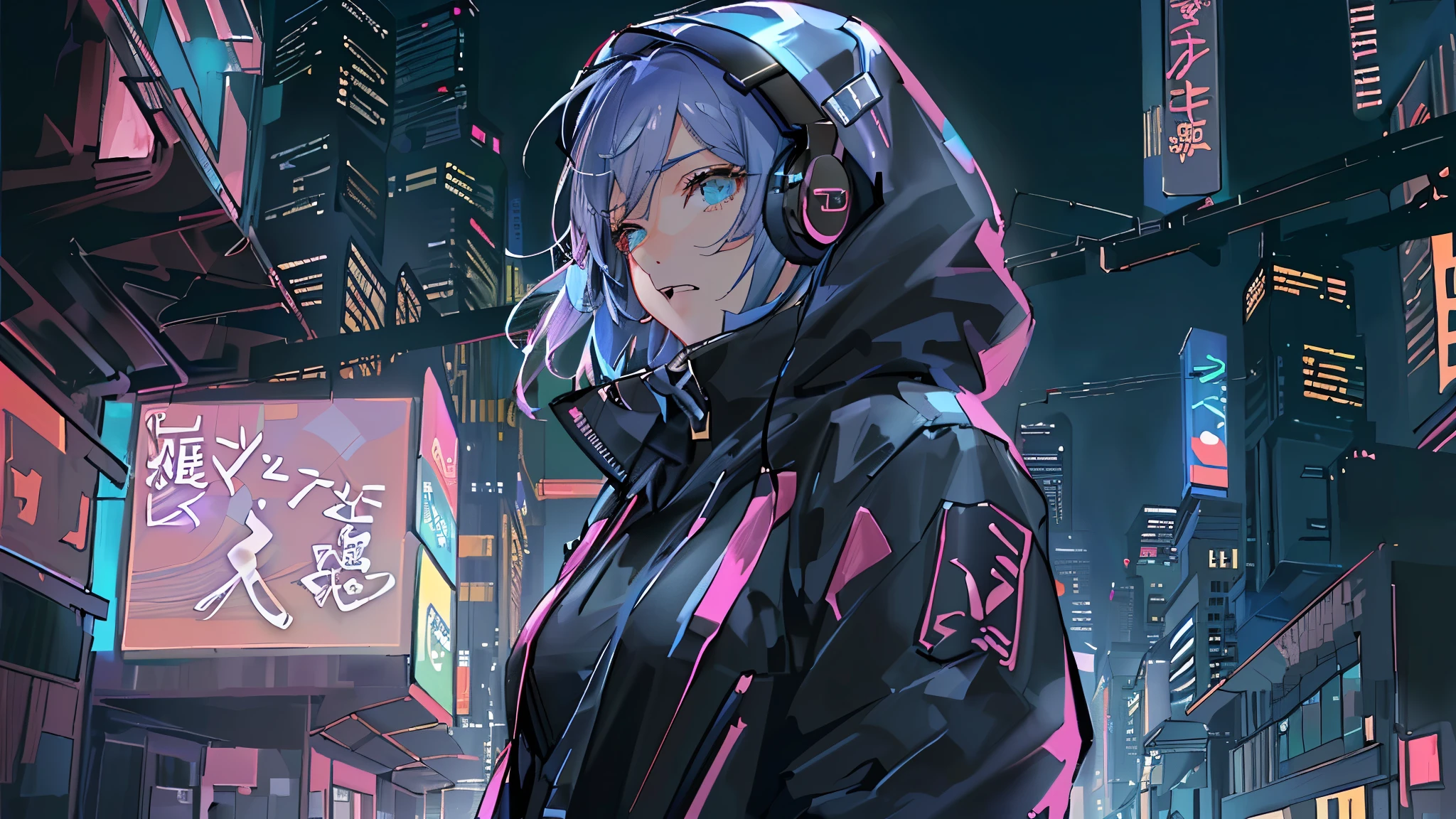 masterpiece,Anime-style illustration showing a young woman in her 20s wearing a black hoodie and hood, facing right, Stand in the middle of the street in a cyberpunk nightlife district. sheはピンクがかった黒髪の長い髪を持っています、Wearing pink glowing headphones. big breasts、she&#39;You are still looking up at the starry sky, but、sheの視線と体はフレームの右側を向いています. The scene should be lively., Reflects a cyberpunk aesthetic, ネオンと未来的な建物がsheを取り囲んでいます. The hustle and bustle of the city continues, but、sheは混乱の中でも平和です, Immerse yourself in the sights and sounds of the night. In the image、Must capture the calm sky above and the vibrant urban environment。, sheの新しい方向性を強調する.
