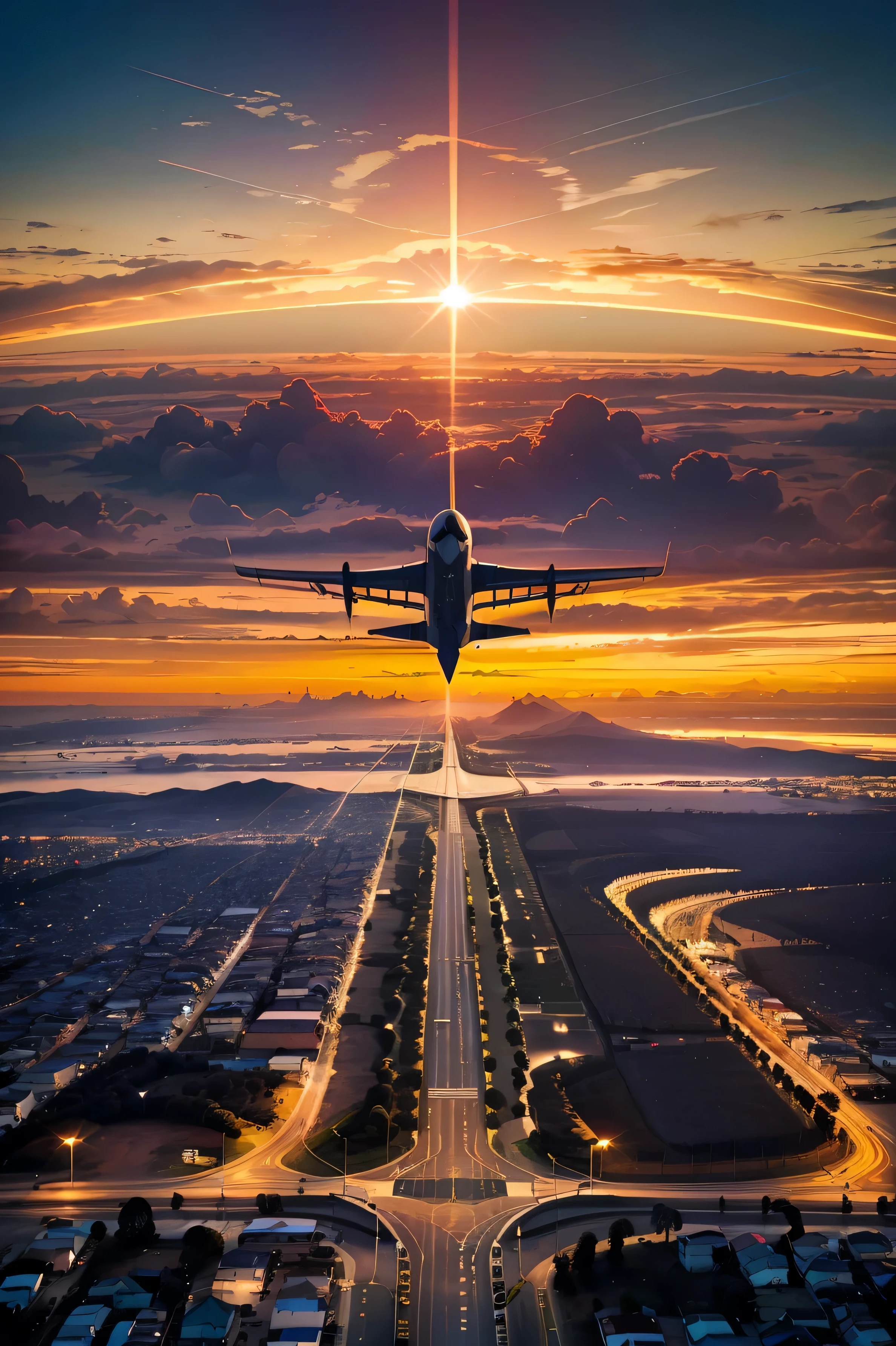 Centro de la ciudad al atardecer、intersección、coche tocando la bocina、((Una luz roja que interrumpe el flujo))、Los peatones esperan impacientemente、Luces brillantes de la ciudad reflejándose en el pavimento mojado、Impresionante horizonte en el fondo、Avión volando