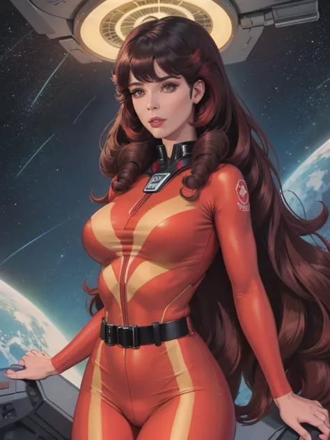 Best quality, 8K, woman space retro futurism, beautiful and detailed face, red curly long hair, bangs,big eyelashes,LOOKING TO o...