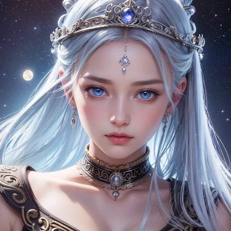 best quality, ultra detailed, the best illustration, best shadow, masterpiece, high resolution, professional art, famous art), silver hair, ultra detailed hair, perfect hair, detailed eyes, beautiful blue eyes, medium breasts, cleavage, eyes small, close-up of a woman with a tiara with colored precious stones in her hair, extremely detailed, 3D portrait of the goddess, extremely detailed images of the goddess, a stunning portrait of a goddess, side image of the goddess, portrait of a beautiful goddess , goddess Hecate, portrait of a Norse moon goddess, goddess of space and time, (RAW photo: 1.2),