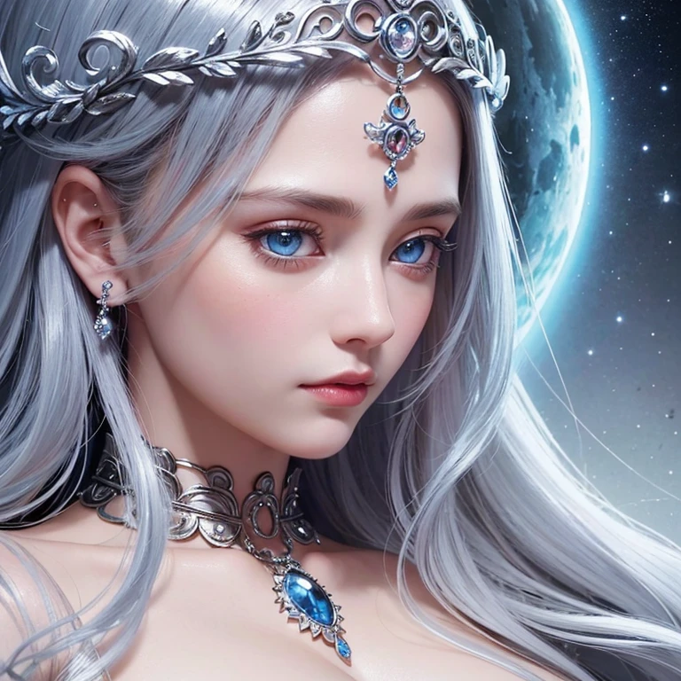 best quality, ultra detailed, the best illustration, best shadow, masterpiece, high resolution, professional art, famous art), silver hair, ultra detailed hair, perfect hair, detailed eyes, beautiful blue eyes, medium breasts, cleavage, eyes small, close-up of a woman with a tiara with colored precious stones in her hair, extremely detailed, 3D portrait of the goddess, extremely detailed images of the goddess, a stunning portrait of a goddess, side image of the goddess, portrait of a beautiful goddess , goddess Hecate, portrait of a Norse moon goddess, goddess of space and time, (RAW photo: 1.2),