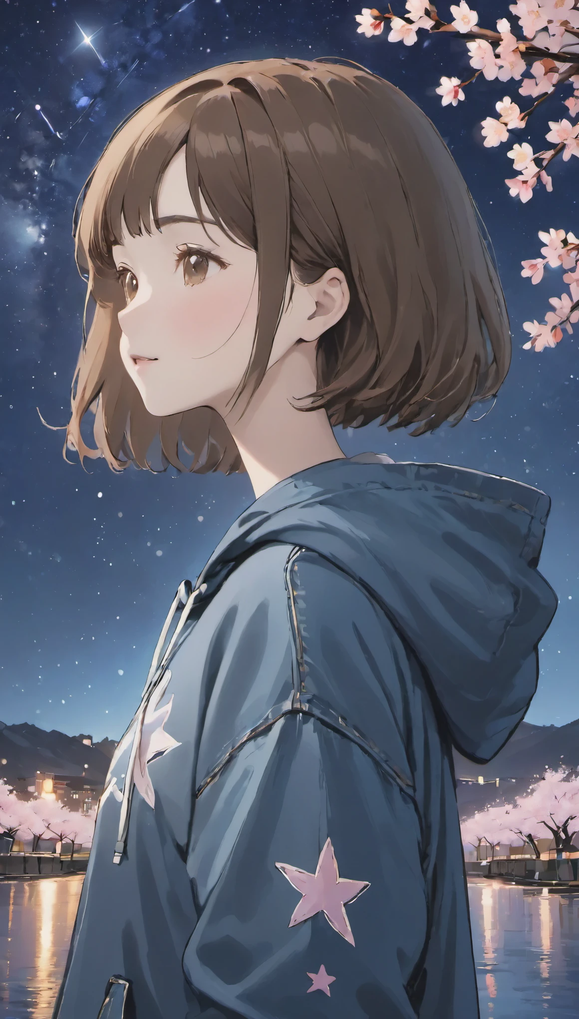 one girl，brown hair、short bob、Simple hoodie，three-quarter length denim,　look up at the night sky、The entire starry sky of the galaxy，nice,twinkling starlight，unlimited，great charm,　highest quality,　master piece,　ultra high resolution,　A scene from a movie,　８ｋ,　Cherry blossoms at night,