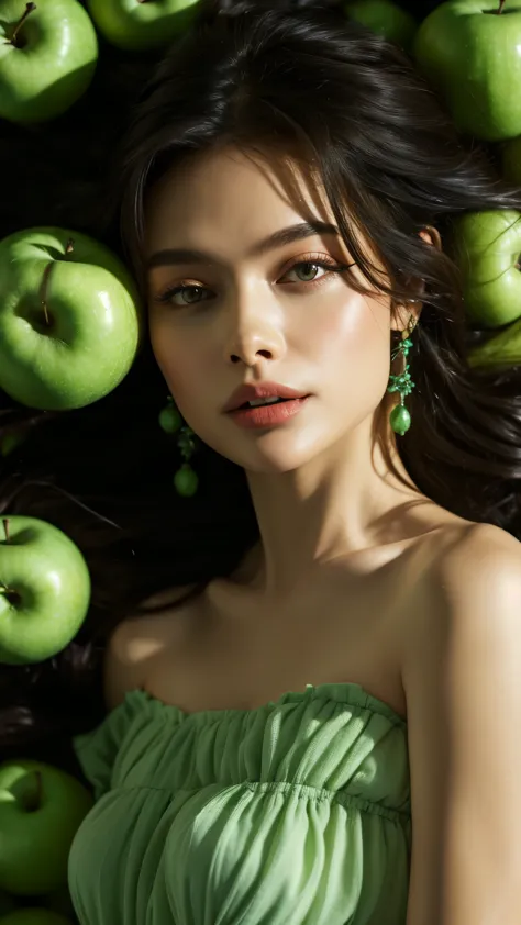 Green Apple,1girl,solo,fruit,food,realistic,looking at viewer,black hair,dress,upper body,green theme,lying,collarbone,on back,m...