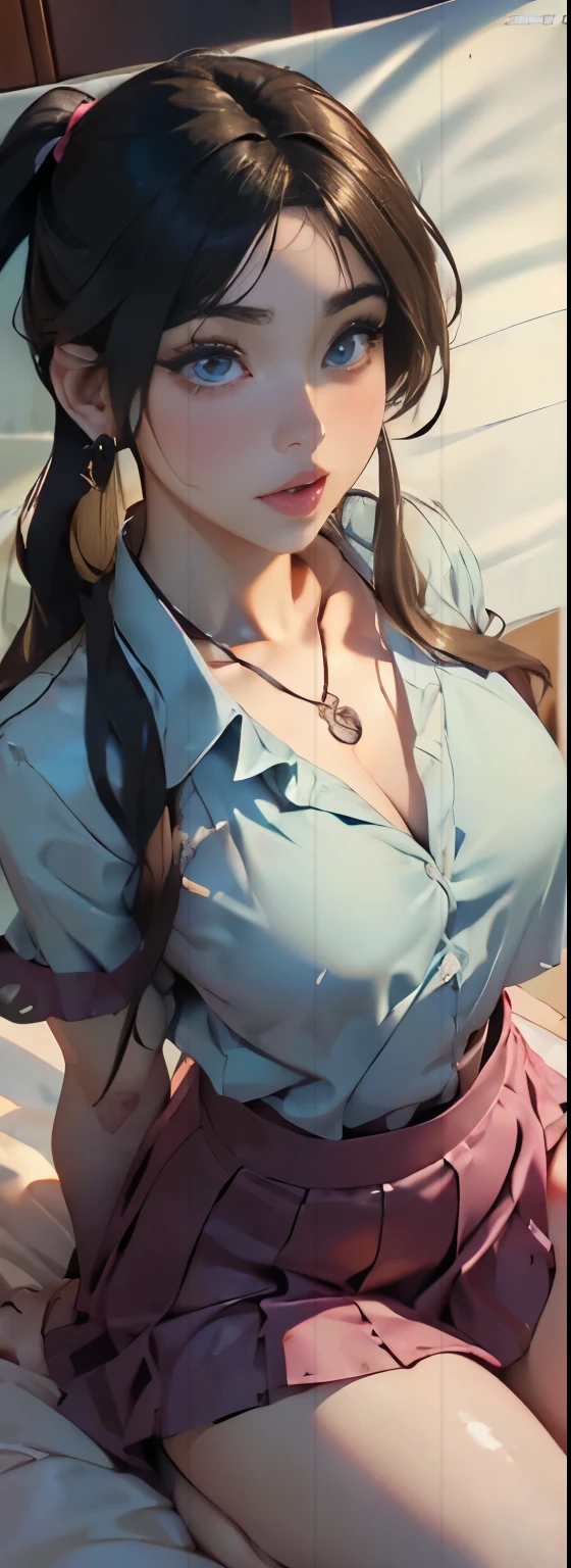 Anime girl with long hair sitting on a bed with a blue shirt - SeaArt AI