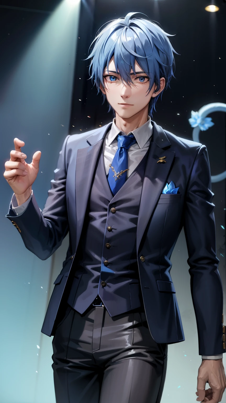 blue cat　personification　male　suit
